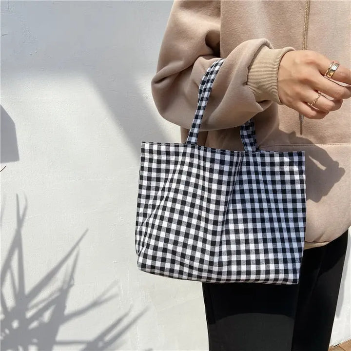 2021 New Portable Lunch Bag Japanese Plaid Cotton Picnic Food Bag Women Simple Small Tote Korean Style Children Lunch Bags Kids - BeachStore