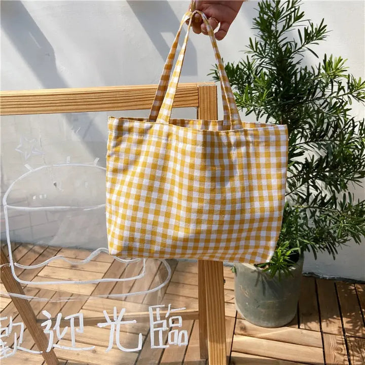 2021 New Portable Lunch Bag Japanese Plaid Cotton Picnic Food Bag Women Simple Small Tote Korean Style Children Lunch Bags Kids - BeachStore