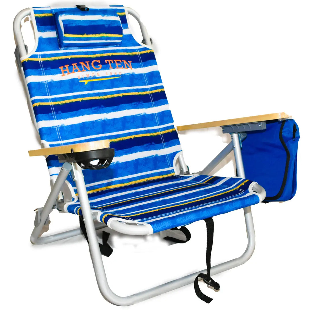 Hang Ten Deluxe Backpack Beach Chair with Wooden Armrests & Cooler Dry Pouch BeachStore 