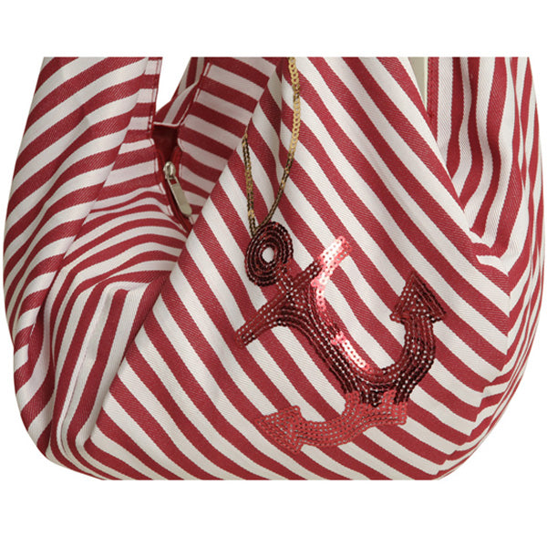 Anchor Sequined Striped Canvas Hobo Beach Bag - White & Red Stripes BeachStore Beach Gear > Beach Bags > Canvas Tote Bags