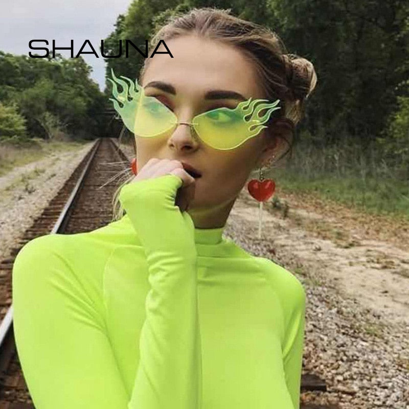 SHAUNA Fashion Fire Sunglasses Women Brand Designer Neon Green Ocean Film Rimless Shades UV400 BeachStore 