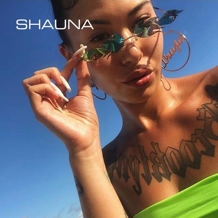 SHAUNA Ins Popular Fire Sunglasses Women Amazing Small Rimless Wave Cat Eye Sunglasses BeachStore 