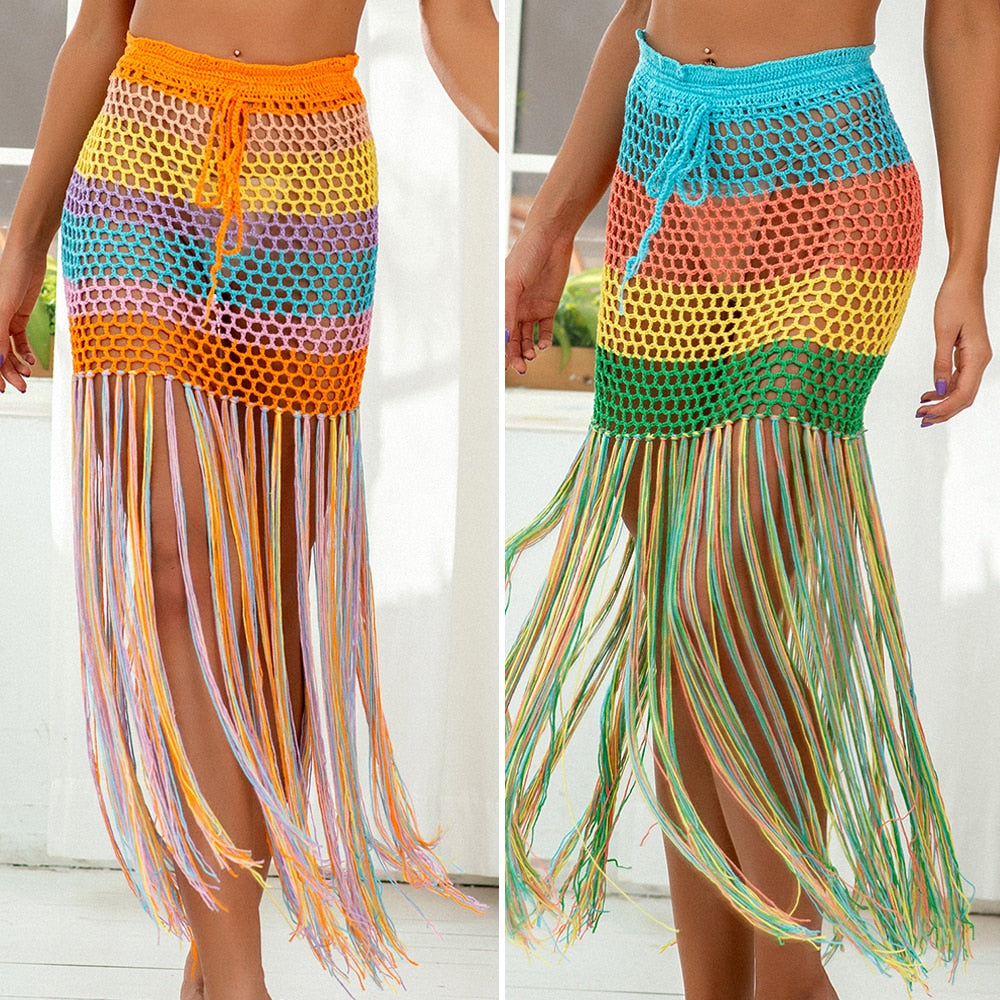 Women's Beach Cover-up Fashion Tunic bandage Bathing Suits Crocheted Rainbow Print Hollow Out Fringe bikini Skirt Dress BeachStore 