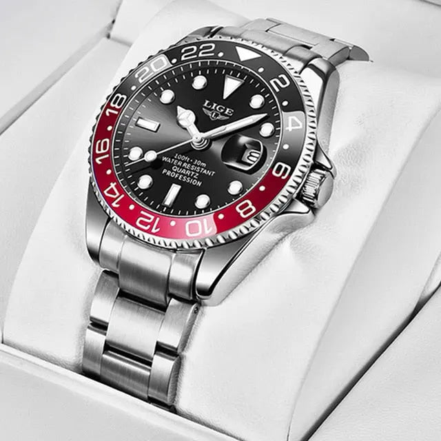 LIGE Men's Fashion Business Waterproof Quartz Wrist Watch - 2022 New Top Brand Luxury Stainless Steel Sport Watch for Beach Activities - BeachStore
