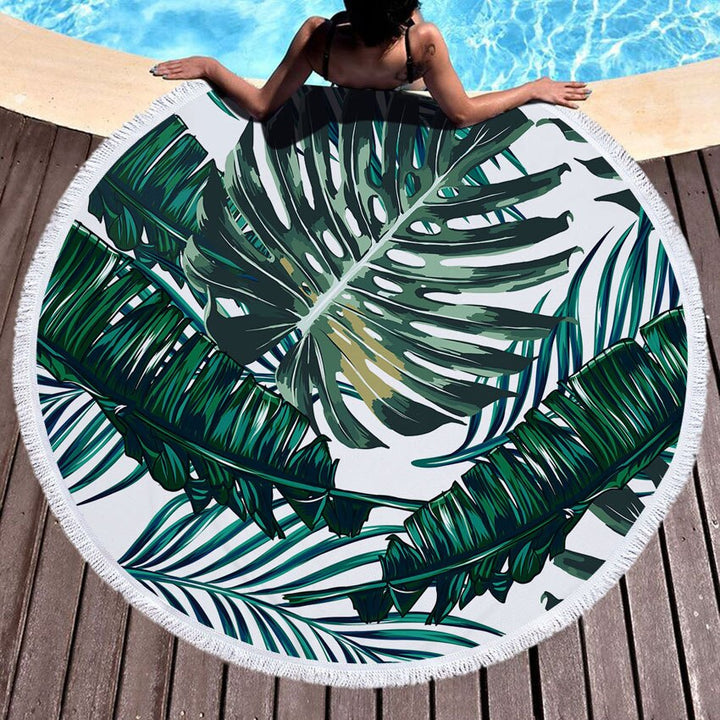Green Leaves Summer Round Beach Towel Microfiber with Drawstring Backpack Bag Bath Towels Mat Bikini Cover Up With Tassels Soft BeachStore 