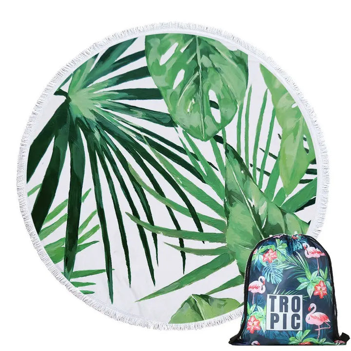 Green Leaves Summer Round Beach Towel Microfiber with Drawstring Backpack Bag Bath Towels Mat Bikini Cover Up With Tassels Soft BeachStore 