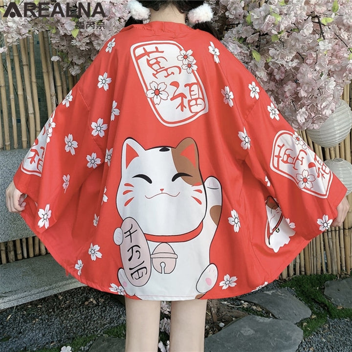 Haori Hombre Anime Kimono Women Summer Lucky Cat Cardigan Blouse Japanese Traditional Beach Sunscreen Yukata with Belt Surblouse BeachStore 