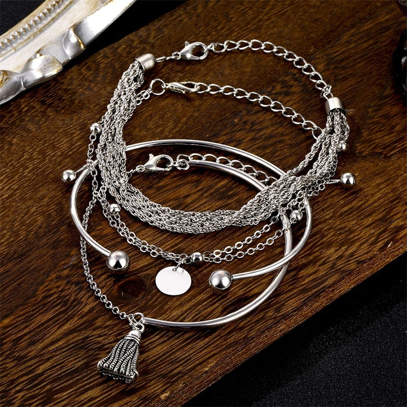 NEW Set Bohemian Silver Color Tassel Round Bracelet Set for Women Multilayer Pendant Bracelet 2020 Fashion Jewelry BeachStore 