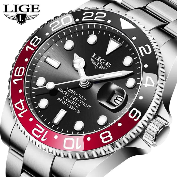 LIGE Men's Fashion Business Waterproof Quartz Wrist Watch - 2022 New Top Brand Luxury Stainless Steel Sport Watch for Beach Activities - BeachStore