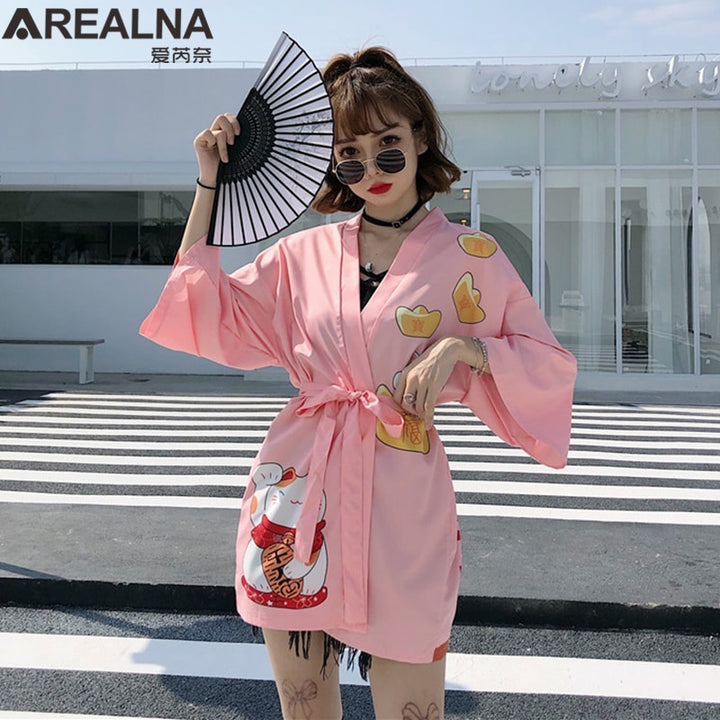 Haori Hombre Anime Kimono Women Summer Lucky Cat Cardigan Blouse Japanese Traditional Beach Sunscreen Yukata with Belt Surblouse BeachStore 
